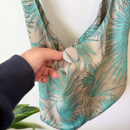 Witchery Teal Palm Print Satin Slouch Shoulder Bag