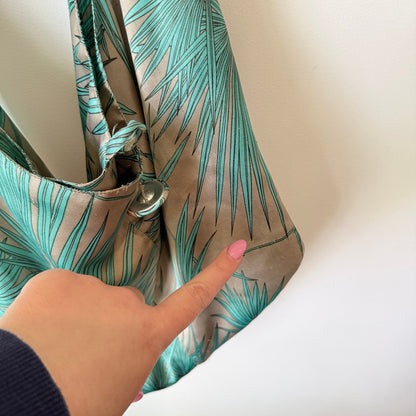 Witchery Teal Palm Print Satin Slouch Shoulder Bag