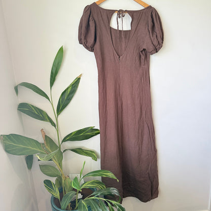 Glassons Chocolate Linen Blend Puff Sleeve Open Back Midi Dress Size 10