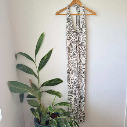 Tiger Mist Zebra Print Twist Front Halter Maxi Dress Size S