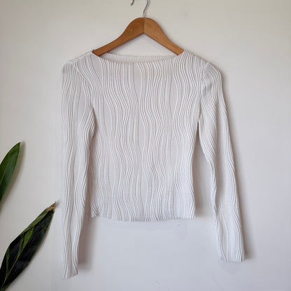 White Wave Textured Rib Long Sleeve Top Size XS | U/Arm to U/Arm 40cm