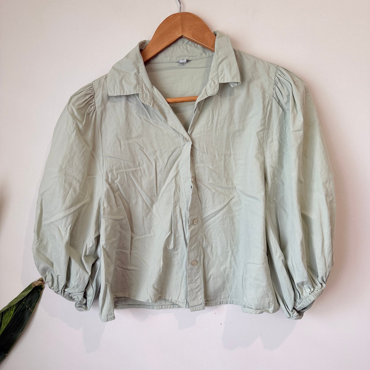 Sage Green Cotton Puff Sleeve Cropped Shirt Size S