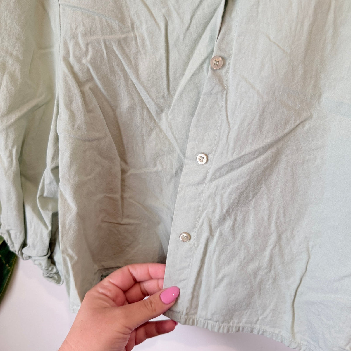Sage Green Cotton Puff Sleeve Cropped Shirt Size S