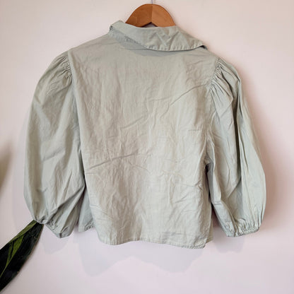 Sage Green Cotton Puff Sleeve Cropped Shirt Size S