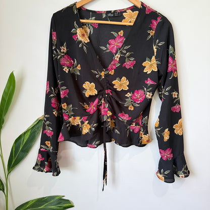 Ally Black Floral Ruched Front Bell Sleeve Top Size 10