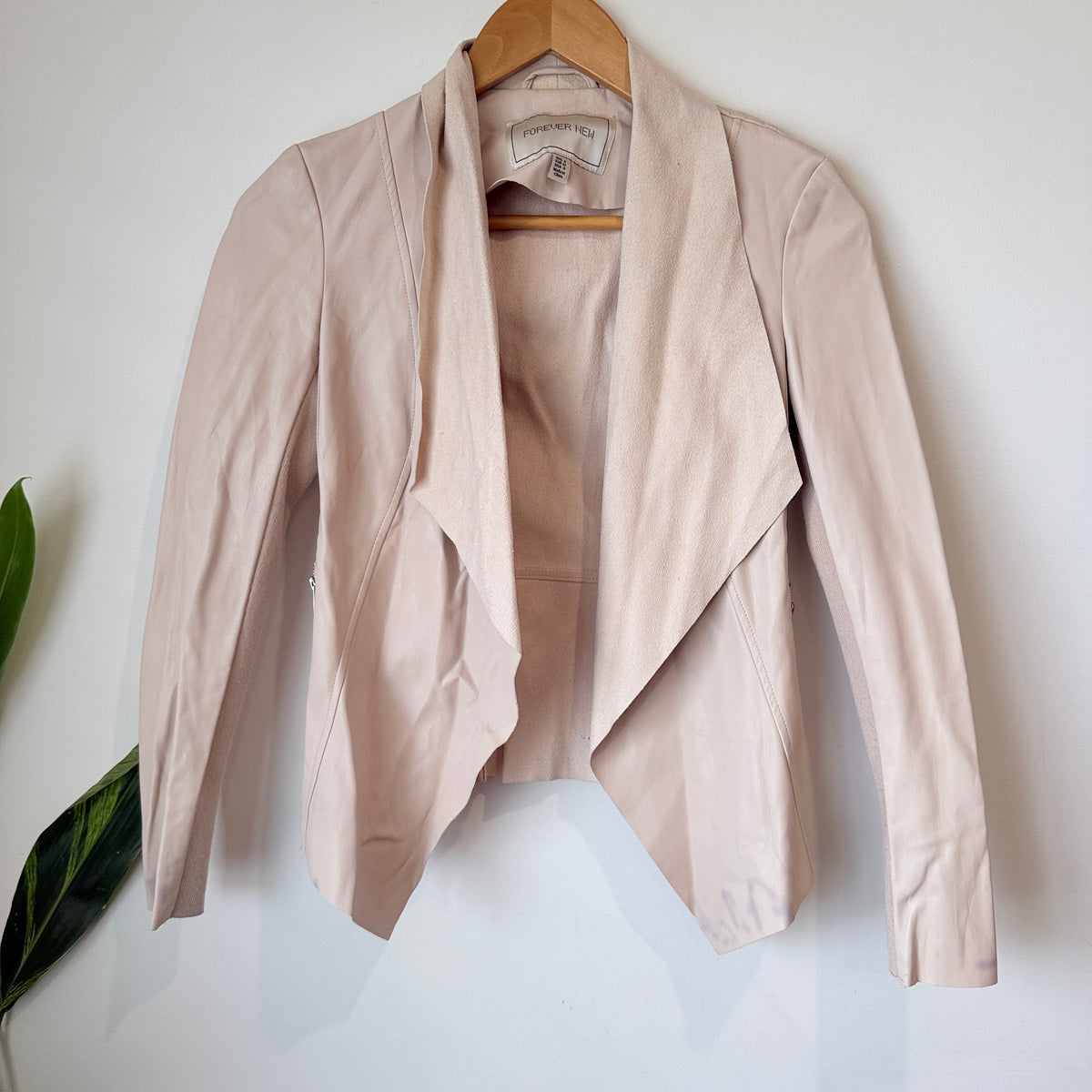 Forever New Blush Faux Leather Waterfall Jacket Size 4