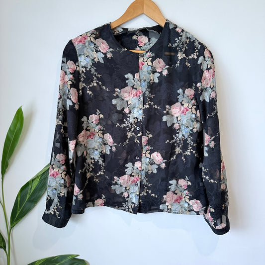 Betty R Designs (NZ) Vintage Black Floral Sheer Button Blouse Size 14