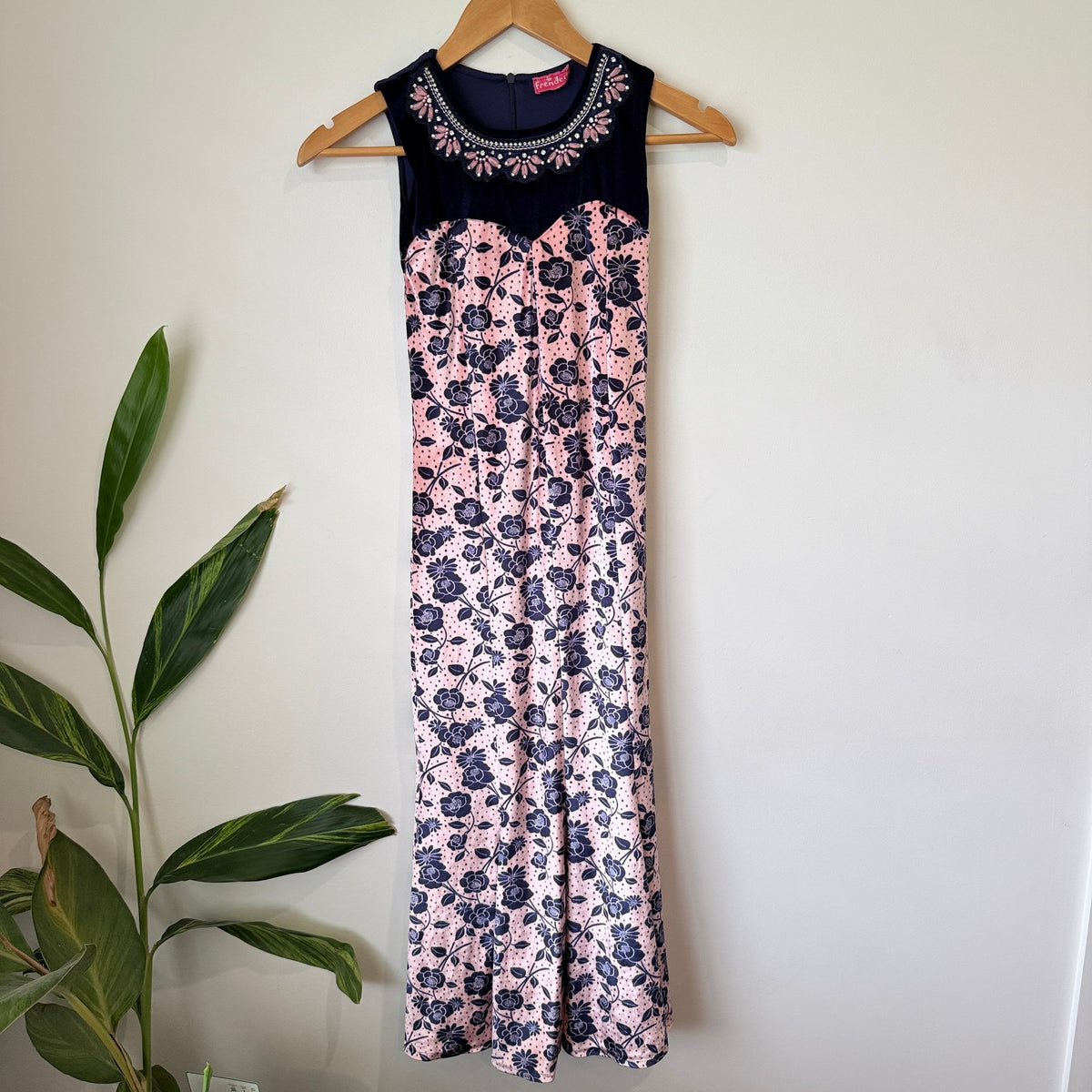 Frendee Girls Navy Velvet & Pink Floral Embellished Neck Jumpsuit Size 32 | U/Arm to U/Arm 31cm