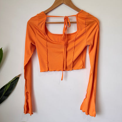SHEIN Orange Rib Knit Tie Back Crop Top Size M