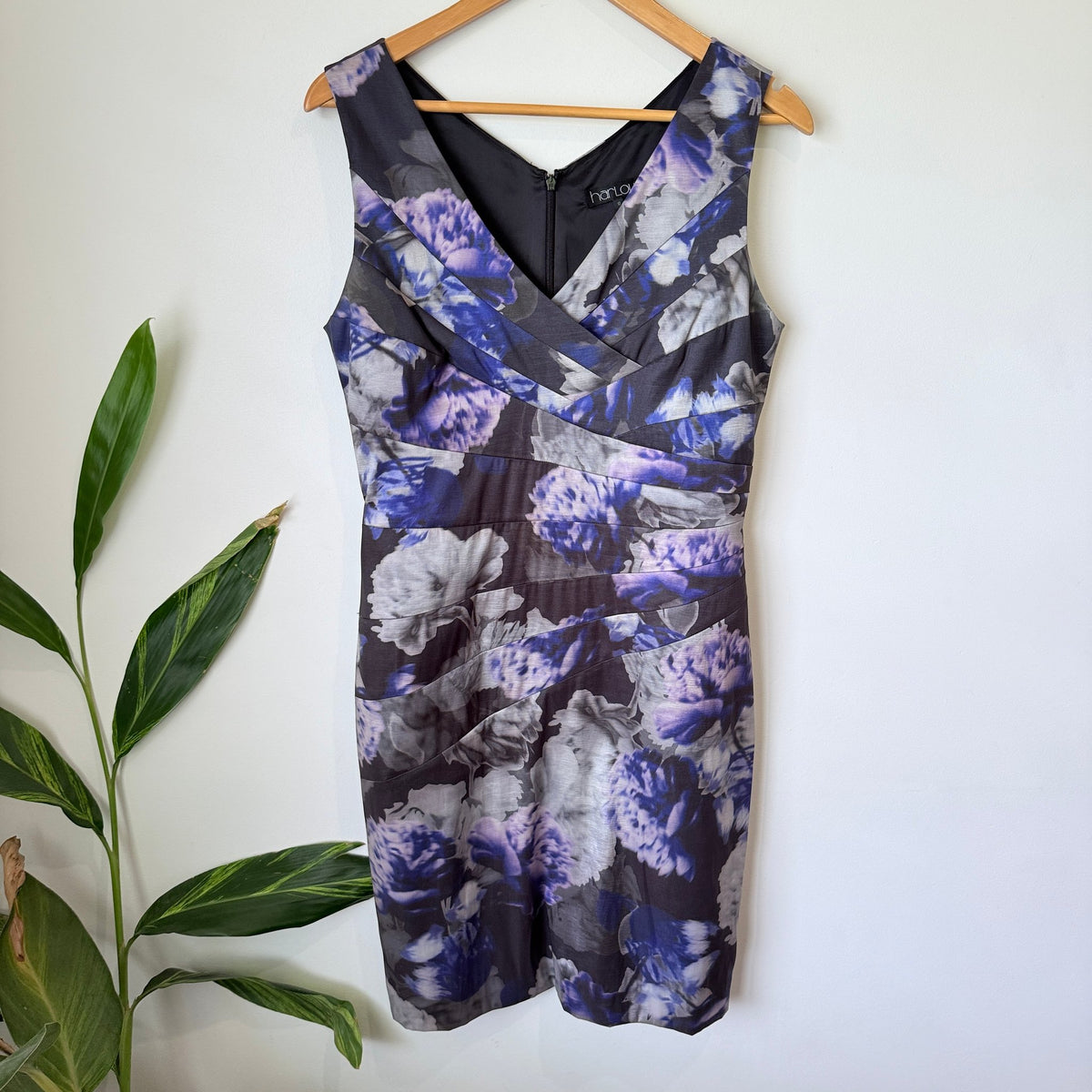 Harlow Purple & Grey Floral Wrap Bodice Sheath Dress Size 12