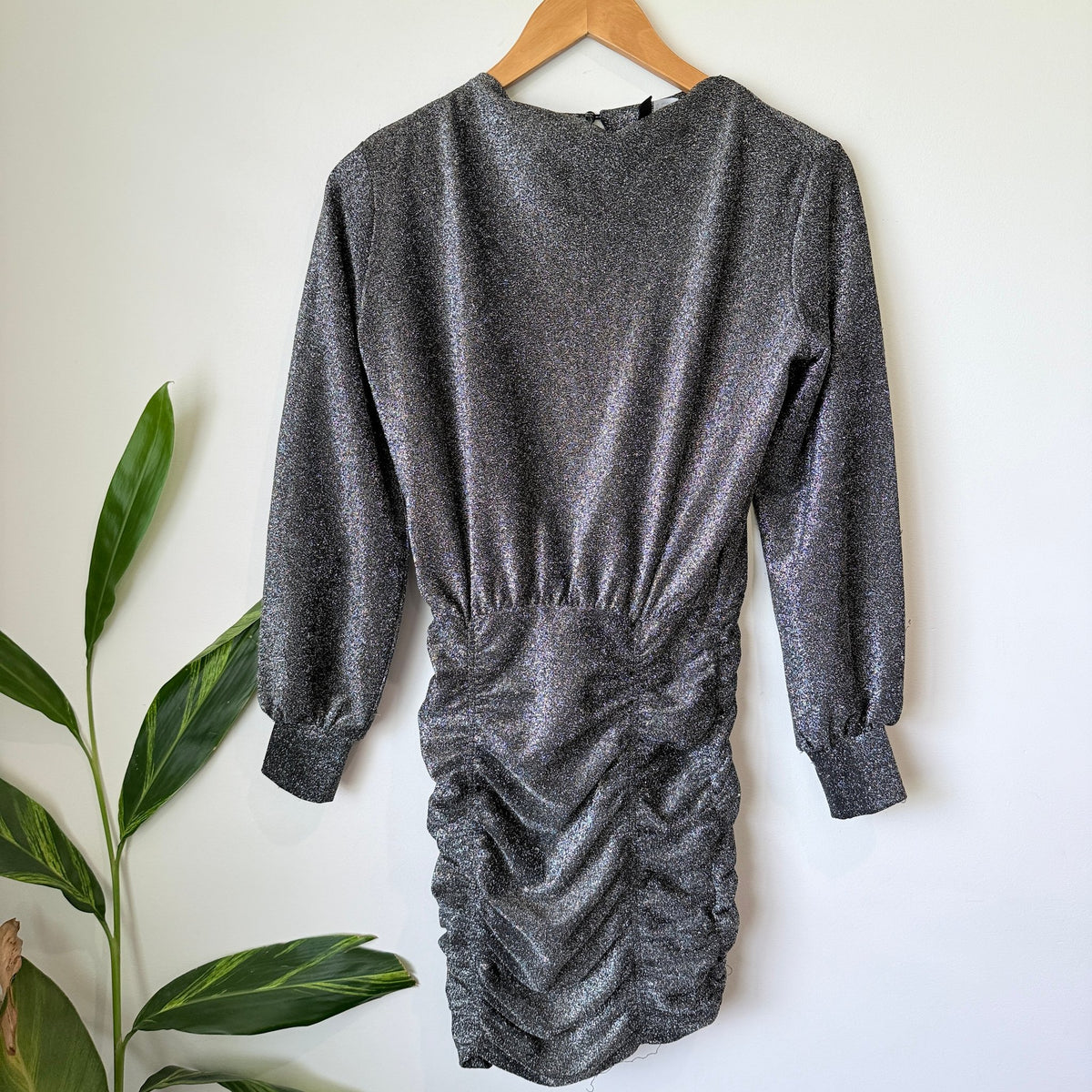 H&M Divided Silver Metallic Ruched Long Sleeve Mini Dress Size XS