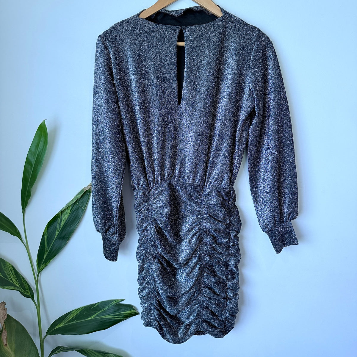 H&M Divided Silver Metallic Ruched Long Sleeve Mini Dress Size XS
