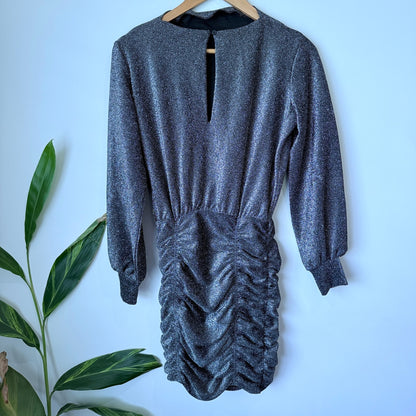 H&M Divided Silver Metallic Ruched Long Sleeve Mini Dress Size XS