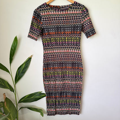 Mirrou Multicolour Aztec Print Bodycon Midi Dress Size S