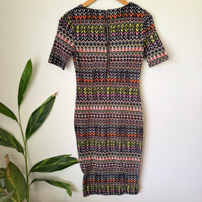 Mirrou Multicolour Aztec Print Bodycon Midi Dress Size S