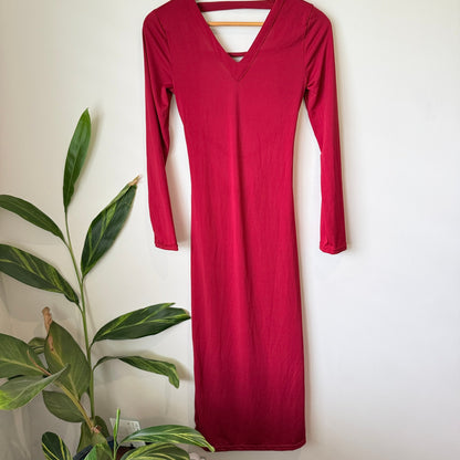 Raspberry Red Open Back Long Sleeve Bodycon Midi Dress Size U/Arm to U/Arm 37cm