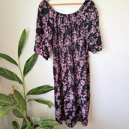 J&L Black & Pink Floral Shirred Off Shoulder Midi Dress Size U/Arm to U/Arm 49cm