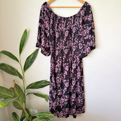 J&L Black & Pink Floral Shirred Off Shoulder Midi Dress Size U/Arm to U/Arm 49cm