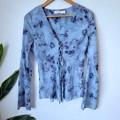 Glassons Dusty Blue Floral Lace Up Front Bell Sleeve Top Size 10
