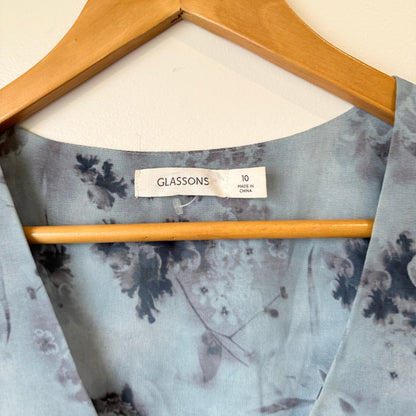 Glassons Dusty Blue Floral Lace Up Front Bell Sleeve Top Size 10