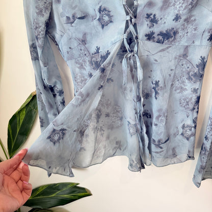 Glassons Dusty Blue Floral Lace Up Front Bell Sleeve Top Size 10