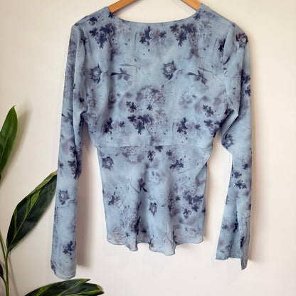 Glassons Dusty Blue Floral Lace Up Front Bell Sleeve Top Size 10