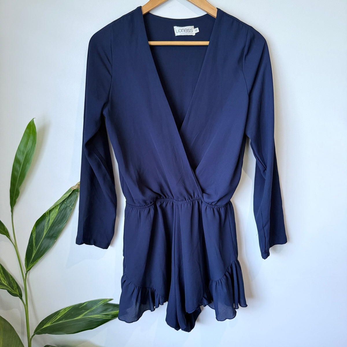 Lioness Navy Wrap Front Long Sleeve Ruffle Playsuit Size 10