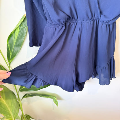 Lioness Navy Wrap Front Long Sleeve Ruffle Playsuit Size 10
