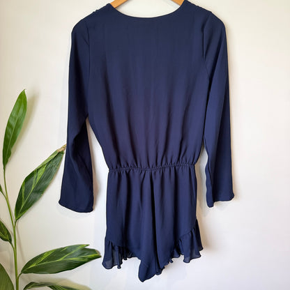 Lioness Navy Wrap Front Long Sleeve Ruffle Playsuit Size 10