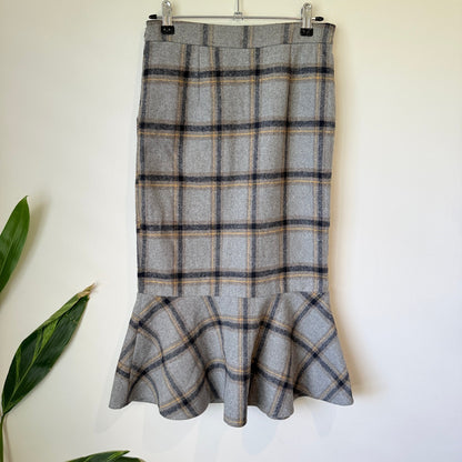 Shook Betta Grey Check Button Front Flounce Hem Midi Skirt Size S | Waist 68cm