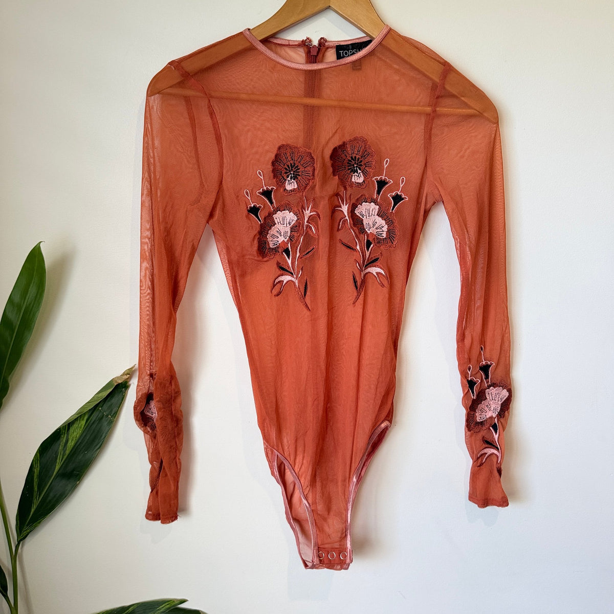 Topshop Rust Sheer Mesh Floral Embroidered Bodysuit Size UK 6