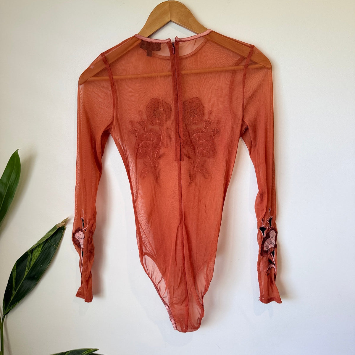 Topshop Rust Sheer Mesh Floral Embroidered Bodysuit Size UK 6
