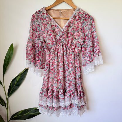 Ally Pink Ditsy Floral Lace Trim Mini Dress Size U/Arm to U/Arm 38cm