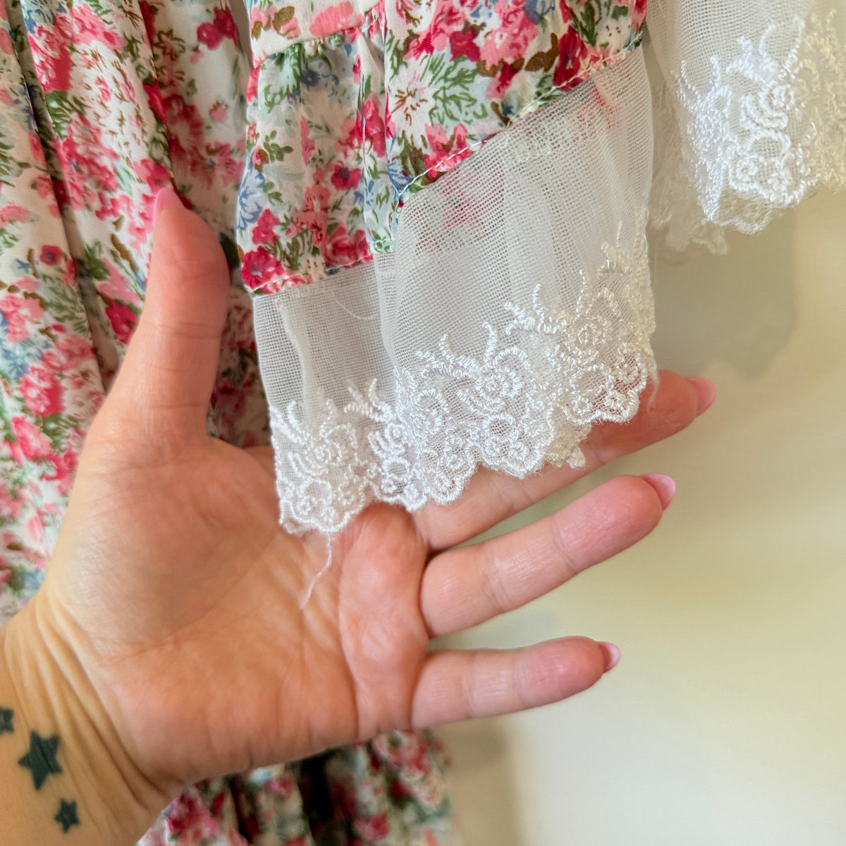 Ally Pink Ditsy Floral Lace Trim Mini Dress Size U/Arm to U/Arm 38cm