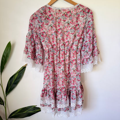 Ally Pink Ditsy Floral Lace Trim Mini Dress Size U/Arm to U/Arm 38cm