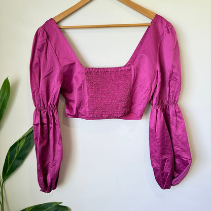 Glassons Magenta Satin Square Neck Balloon Sleeve Crop Top Size 10