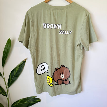 Line Friends Sage Green Brown & Sally Graphic Tee Size XXL | U/Arm to U/Arm 53cm