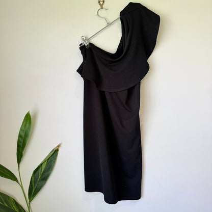 Black One Shoulder Ruffle Midi Dress - 42cm u/arm