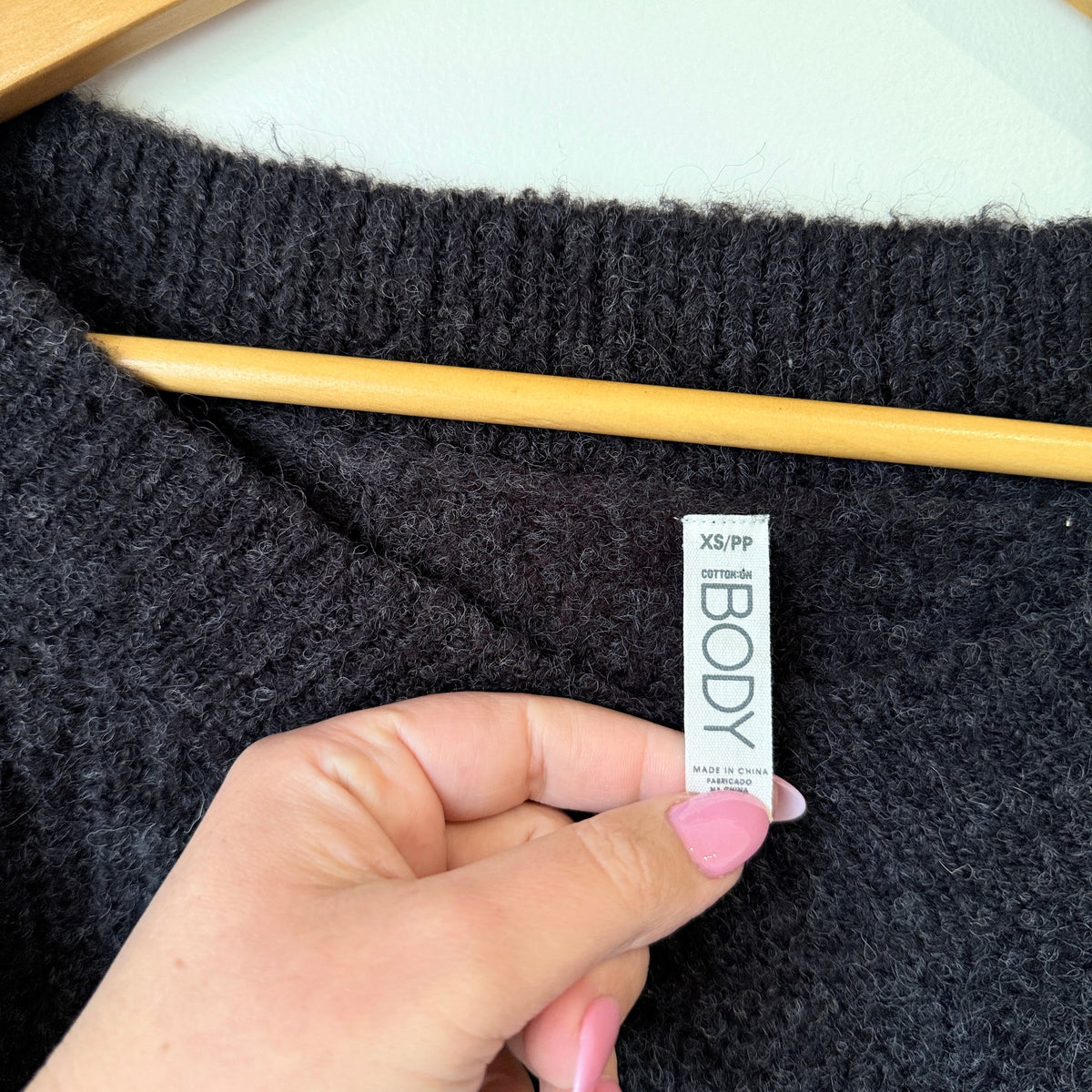 Cotton On Body Charcoal Fluffy Knit Off Shoulder Crop Jumper Size XS