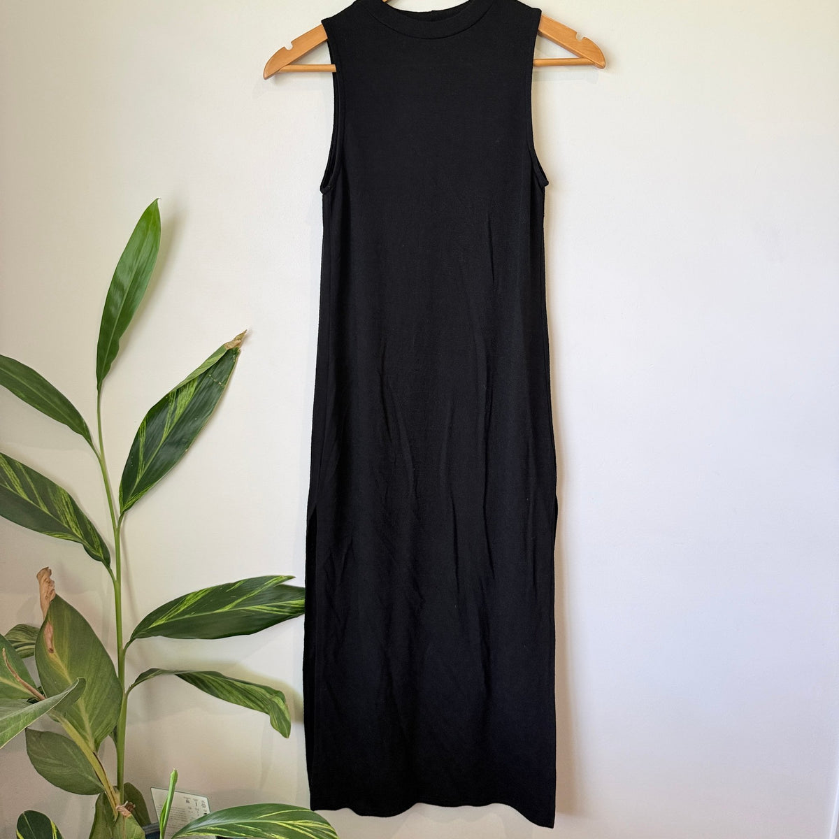 Black Rib Knit High Neck Sleeveless Midi Dress with Side Split - 38cm u/arm