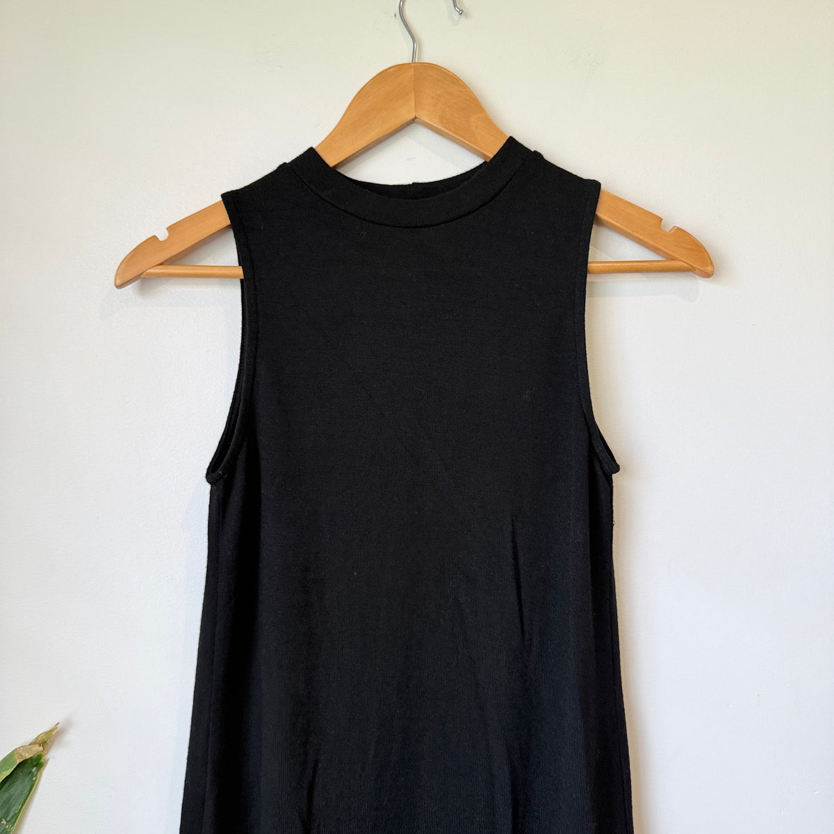 Black Rib Knit High Neck Sleeveless Midi Dress with Side Split - 38cm u/arm