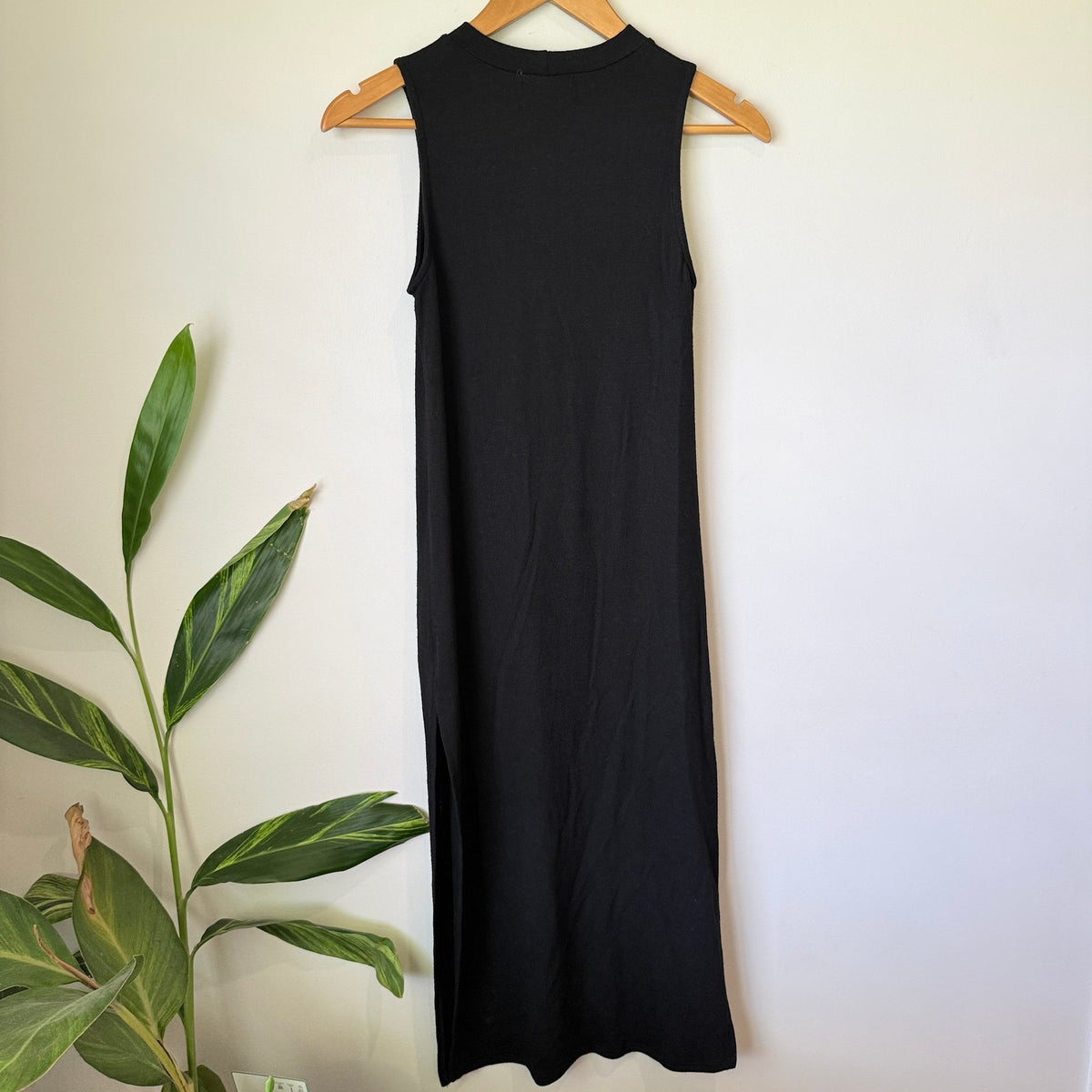 Black Rib Knit High Neck Sleeveless Midi Dress with Side Split - 38cm u/arm