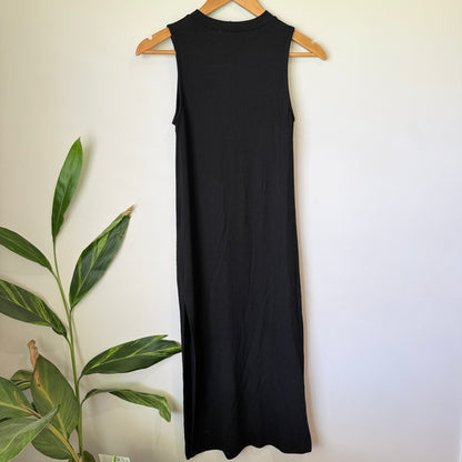 Black Rib Knit High Neck Sleeveless Midi Dress with Side Split - 38cm u/arm