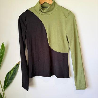 Olive & Black Colour Block Rib Mock Neck Top Size L | U/Arm to U/Arm 44cm