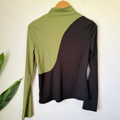 Olive & Black Colour Block Rib Mock Neck Top Size L | U/Arm to U/Arm 44cm