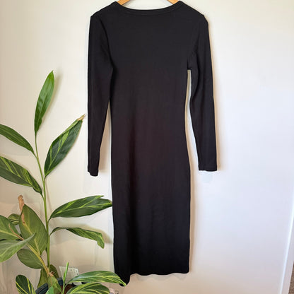 Decjuba Black Rib V-Neck Long Sleeve Midi Dress Size M