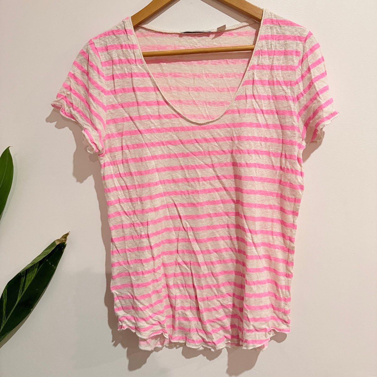 Country Road Pink & White Stripe Linen Tee Size M