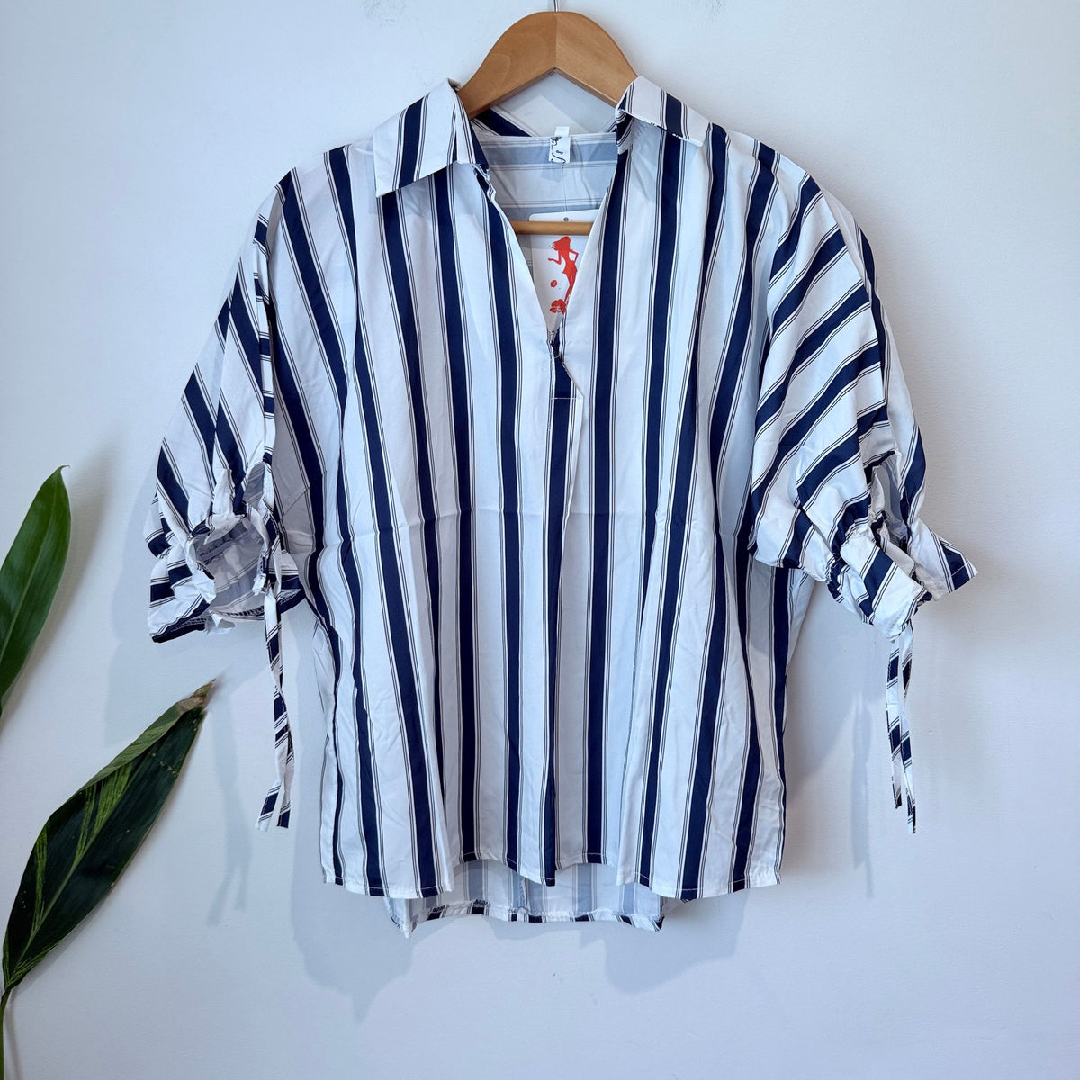 Blue and White Striped Tie Sleeve Shirt - XL