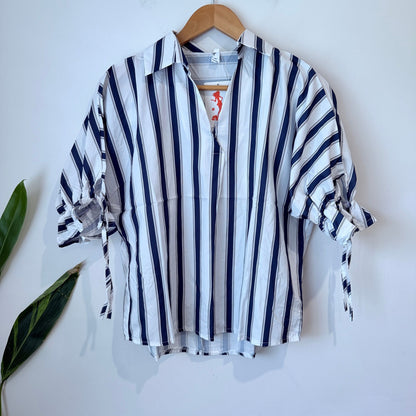 Blue and White Striped Tie Sleeve Shirt - XL