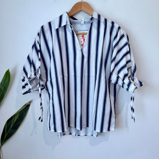 Blue and White Striped Tie Sleeve Shirt - XL